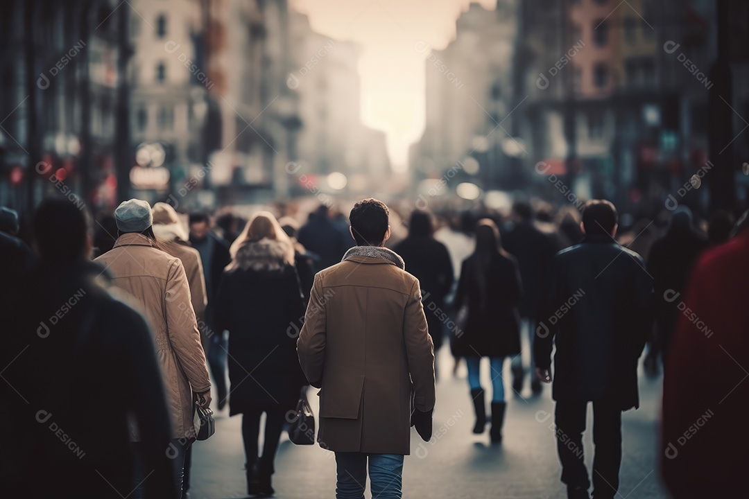 Multidão de pessoas andando na rua movimentada, movendo-se rapidamente pelo centro da cidade