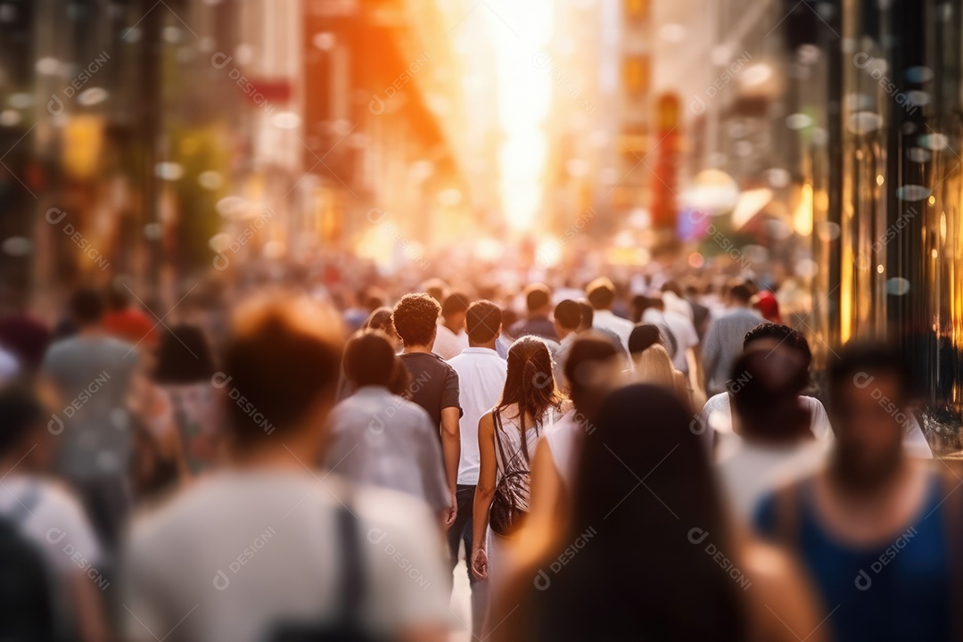 Multidão de pessoas andando na rua movimentada, movendo-se rapidamente pelo centro da cidade