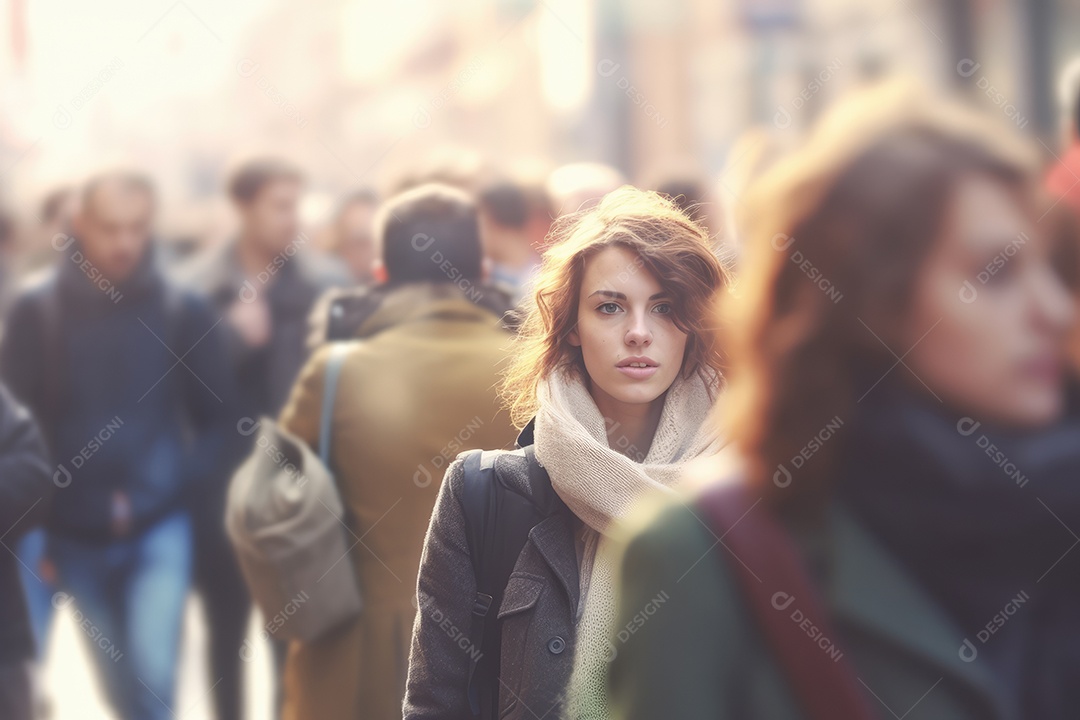 Mulher de negócios andando na rua movimentada, movendo-se rapidamente pelo centro da cidade