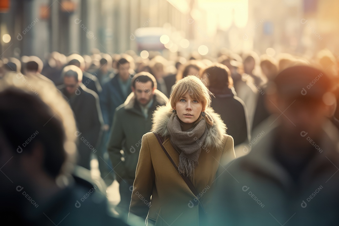 Mulher de negócios andando na rua movimentada, movendo-se rapidamente pelo centro da cidade