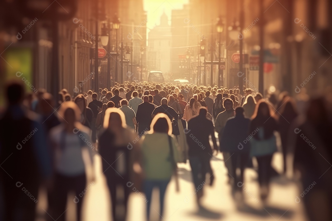 Multidão de pessoas andando na rua movimentada, movendo-se rapidamente pelo centro da cidade