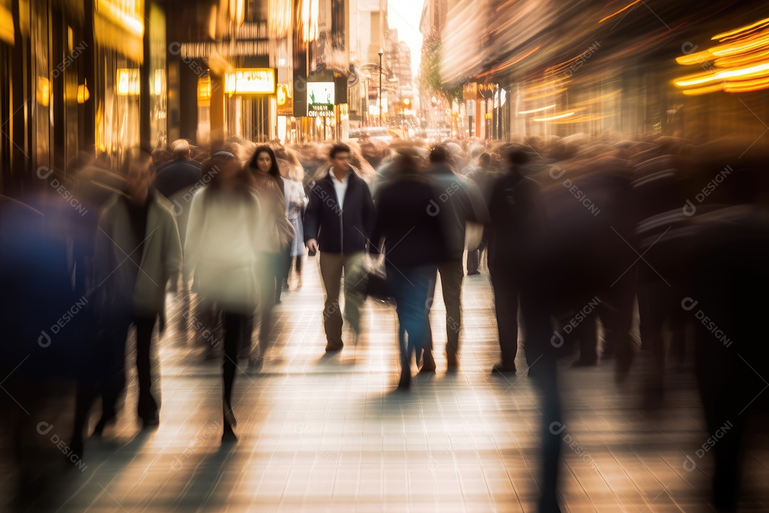 Multidão de pessoas andando na rua movimentada, movendo-se rapidamente pelo centro da cidade