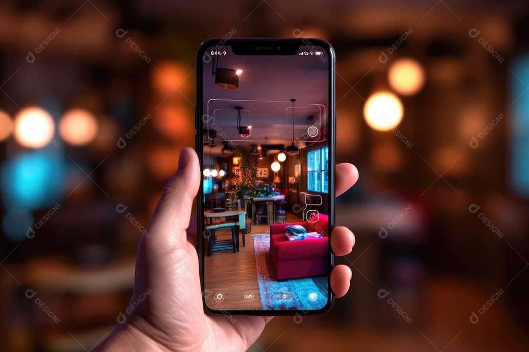 Mão segurando um telefone celular para tirar foto ou visualizar a tela, no fundo urbano colorido da noite da cidade