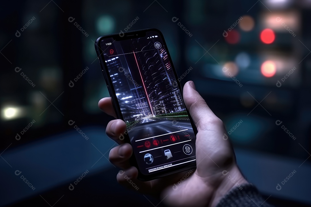Mão segurando um telefone celular para tirar foto ou visualizar a tela, no fundo urbano colorido da noite da cidade
