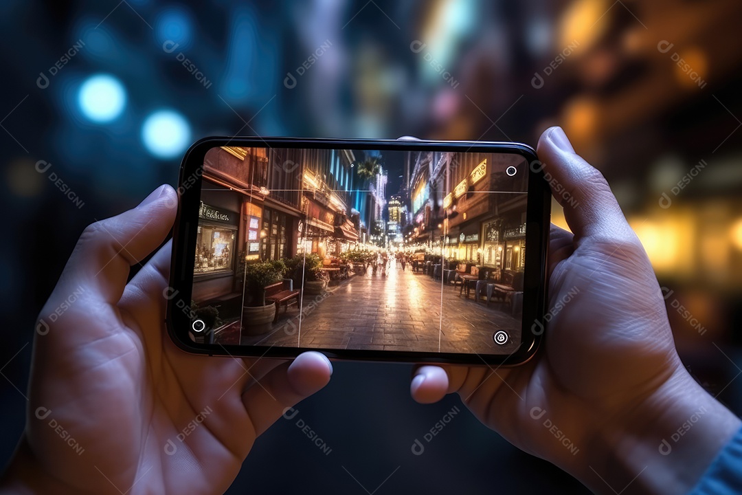 Mão segurando um telefone celular para tirar foto ou visualizar a tela, no fundo urbano colorido da noite da cidade