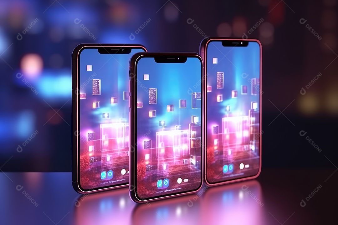 Mão segurando um telefone celular para tirar foto ou visualizar a tela, no fundo urbano colorido da noite da cidade