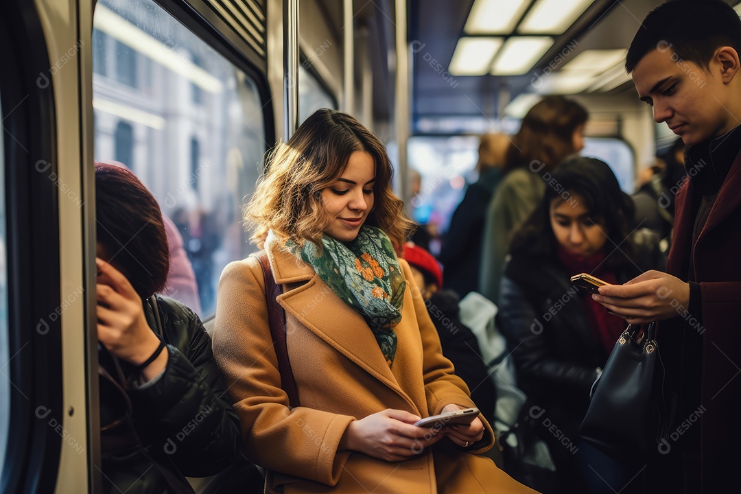 Mulher sorrindo e usando o celular no metrô ao lado da janela