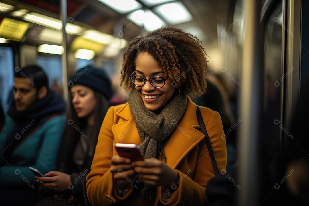 Mulher sorrindo e usando o celular no metrô ao lado da janela
