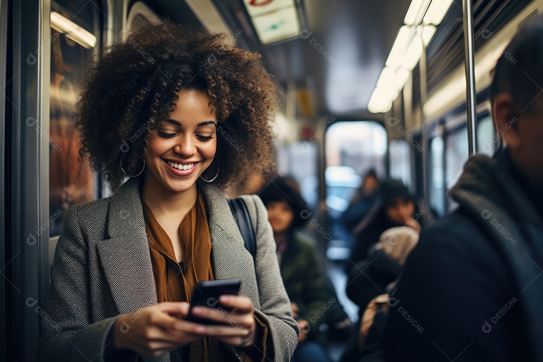 Mulher sorrindo e usando o celular no metrô ao lado da janela