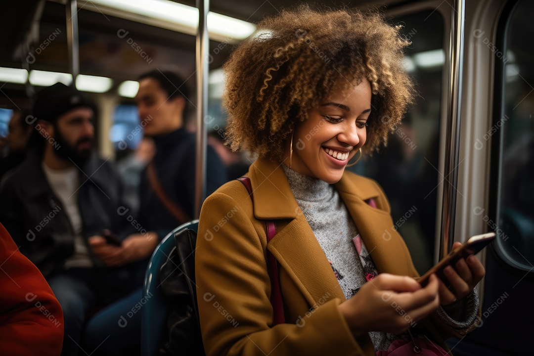 Mulher sorrindo e usando o celular no metrô ao lado da janela