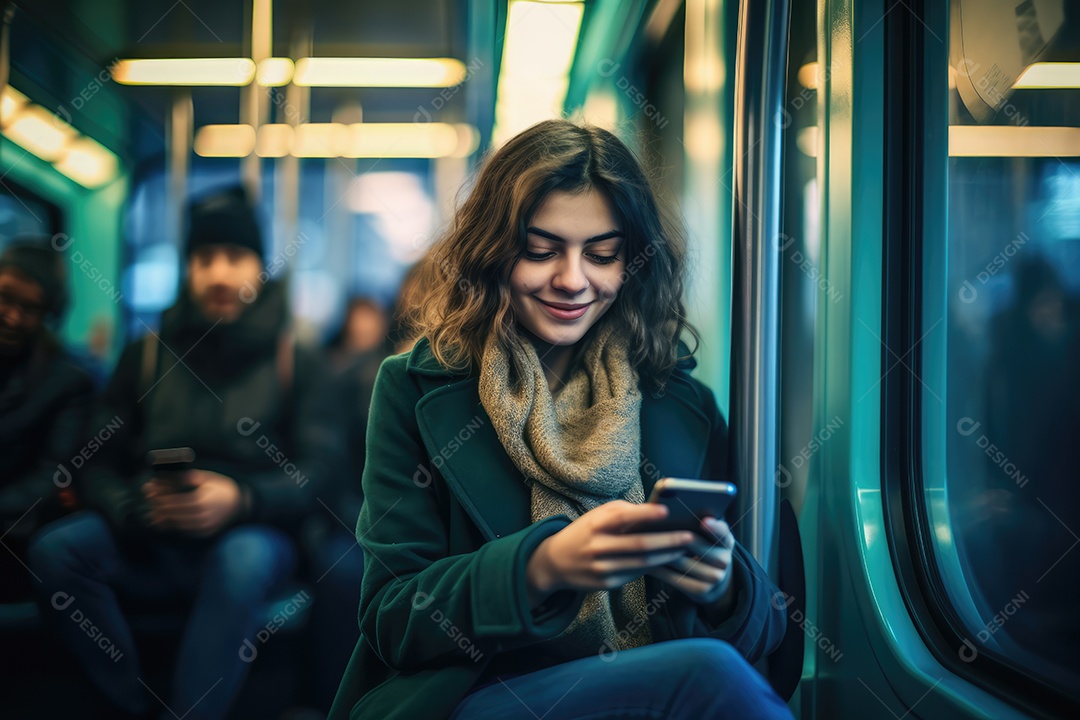 Mulher sorrindo e usando o celular no metrô ao lado da janela