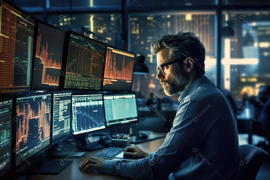 Economista e executivo em empresa de investimento e corretagem em telas e sala de informática