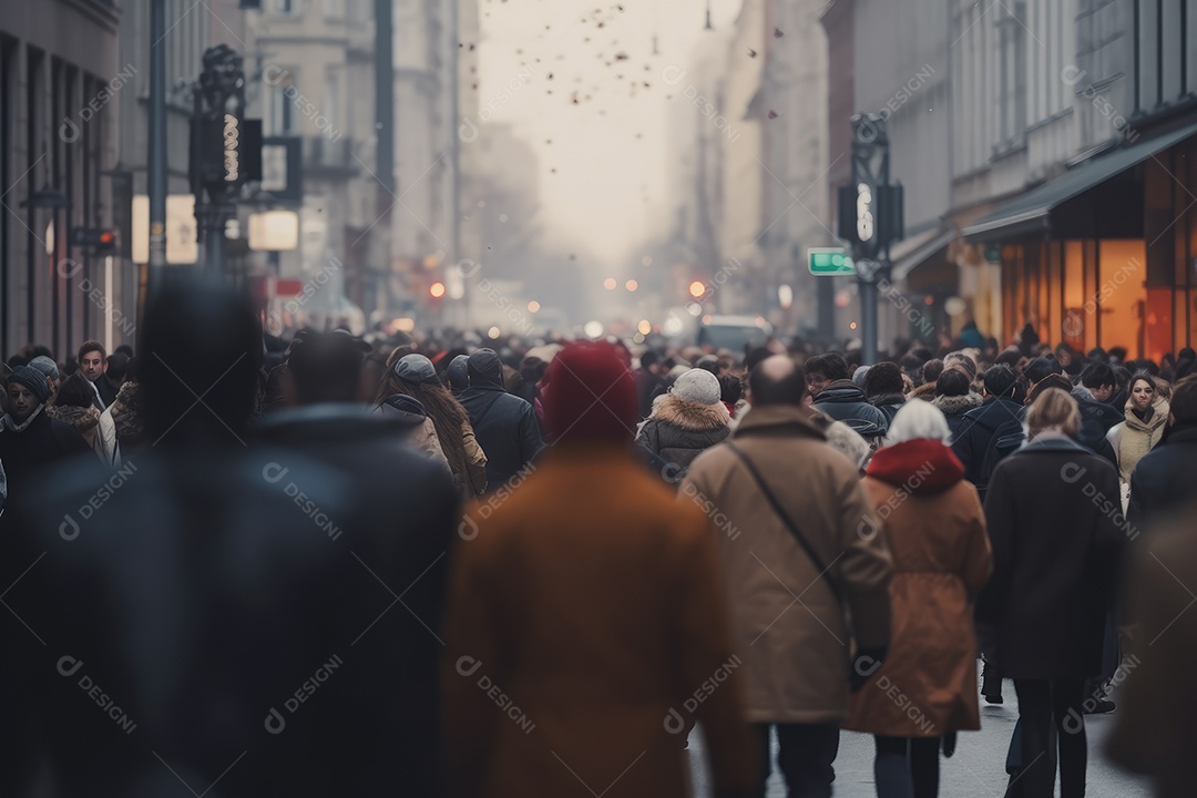 Multidão de pessoas andando na rua movimentada, movendo-se rapidamente pelo centro da cidade