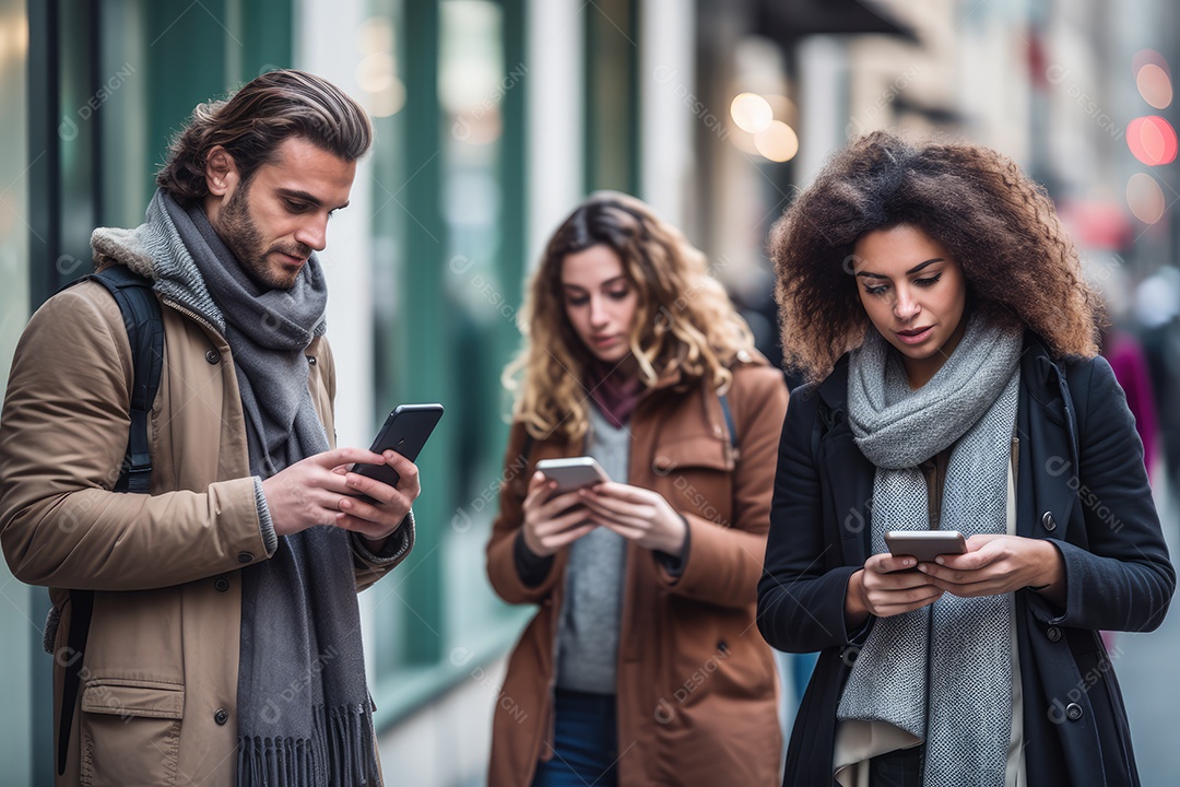 Grupo de amigos sorrindo e usando celulares na rua