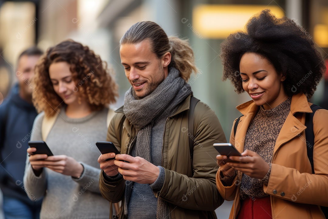 Grupo de amigos sorrindo e usando celulares na rua