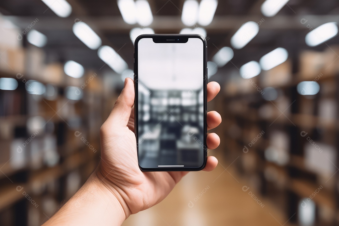 Mão segurando um celular para tirar uma foto ou visualizar a tela, em um fundo colorido