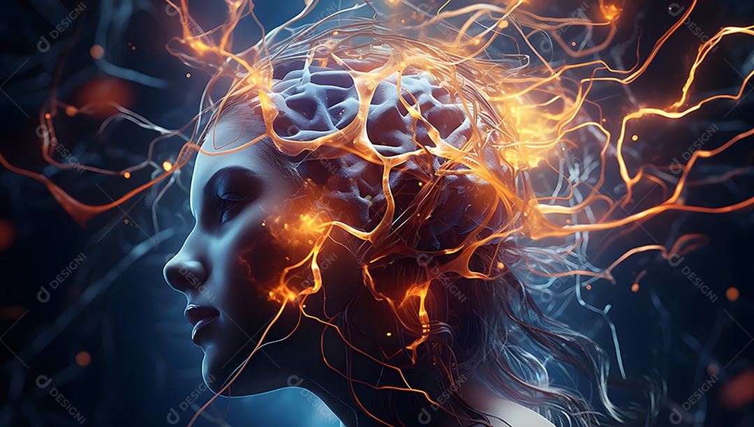 Cabeça humana com neurônios brilhantes no cérebro.