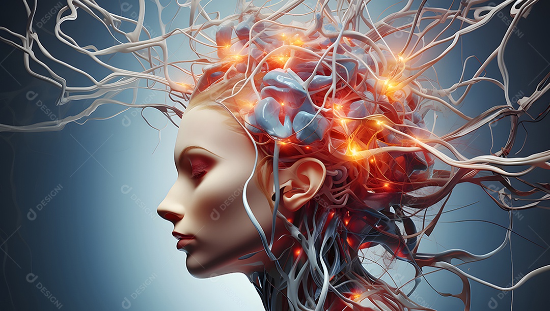 Cabeça humana com neurônios brilhantes no cérebro.