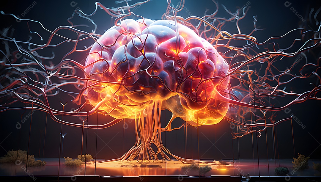 Cabeça humana com neurônios brilhantes no cérebro.