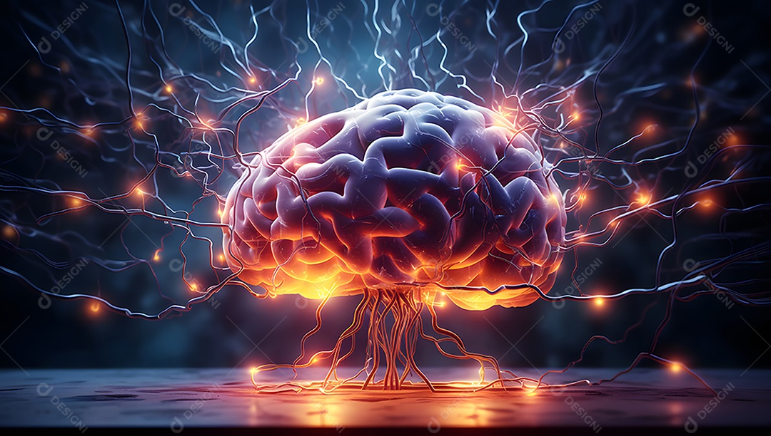 Cabeça humana com neurônios brilhantes no cérebro.