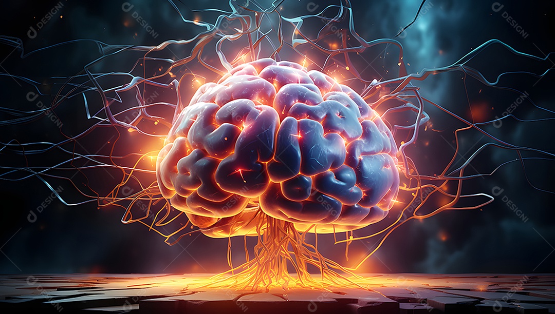 Cabeça humana com neurônios brilhantes no cérebro.