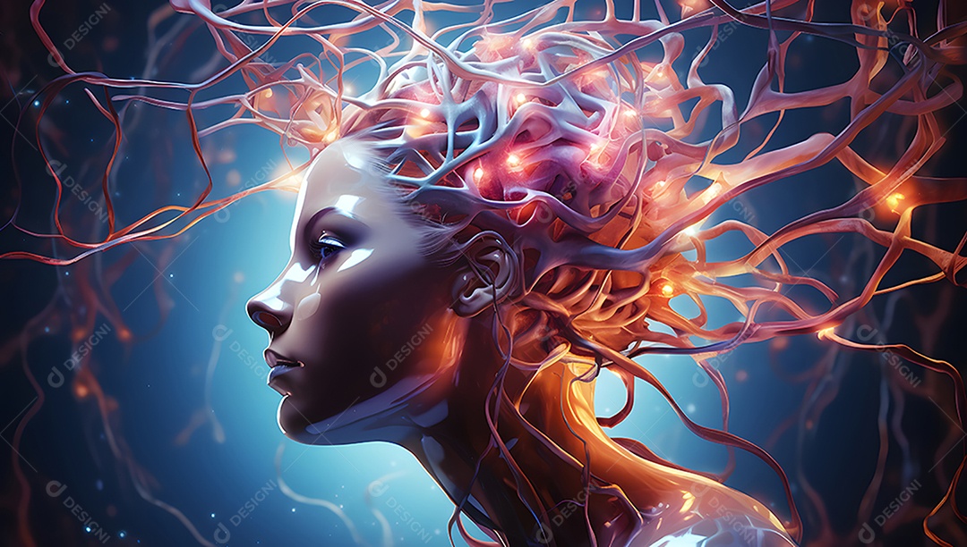 Cabeça humana com neurônios brilhantes no cérebro.