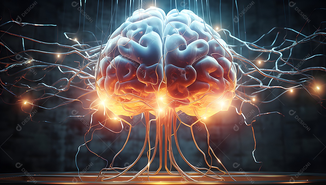 Cabeça humana com neurônios brilhantes no cérebro.