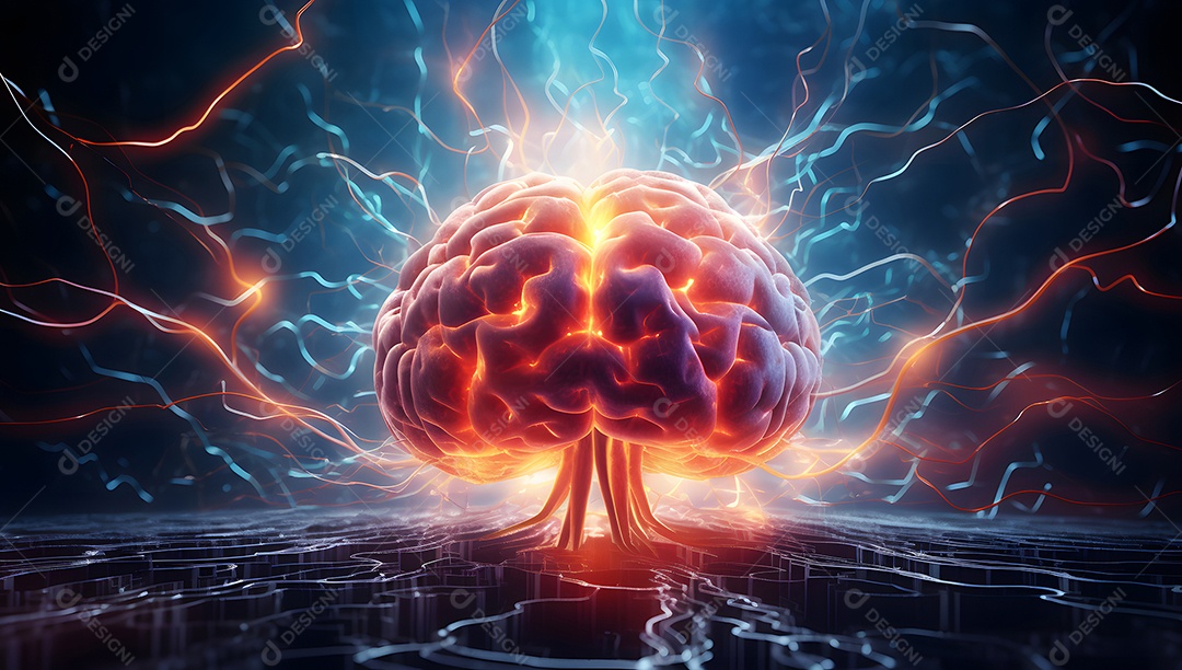 Cabeça humana com neurônios brilhantes no cérebro.