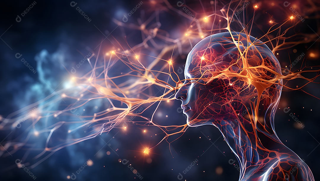 Cabeça humana com neurônios brilhantes no cérebro.