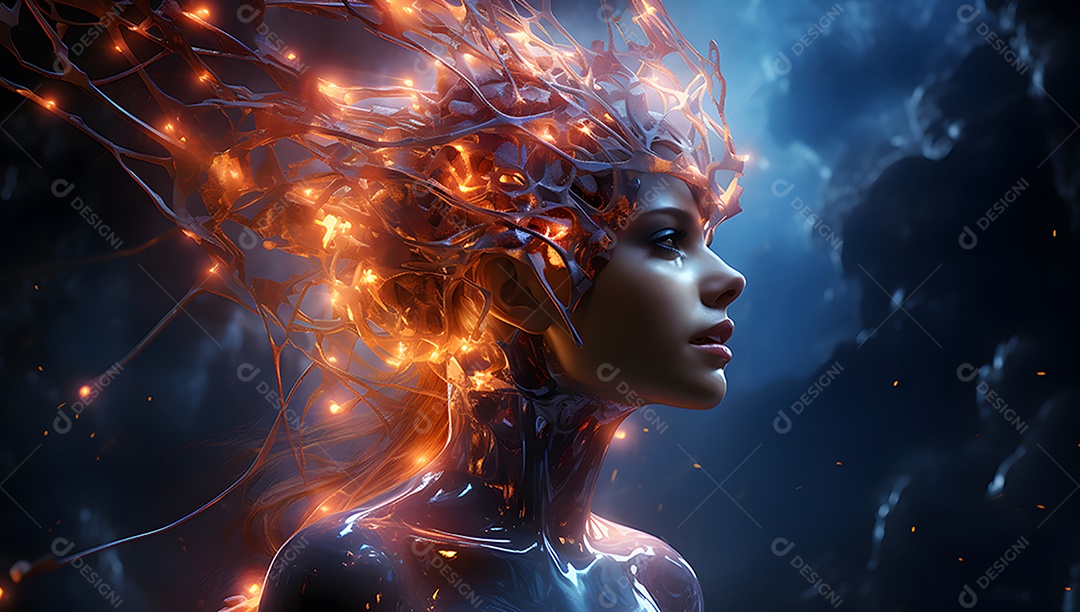Cabeça humana com neurônios brilhantes no cérebro.