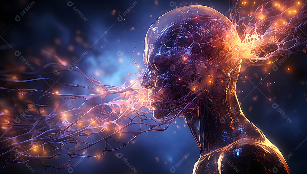 Cabeça humana com neurônios brilhantes no cérebro.