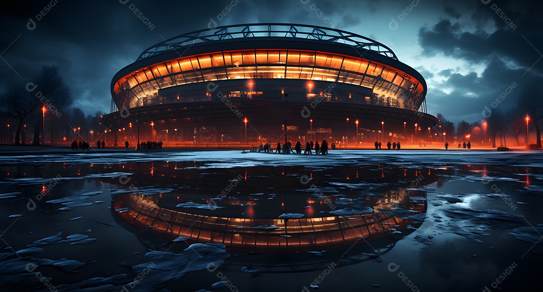 Vista de um estádio de futebol iluminado