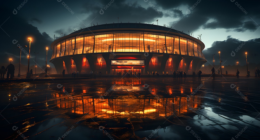 Vista de um estádio de futebol iluminado