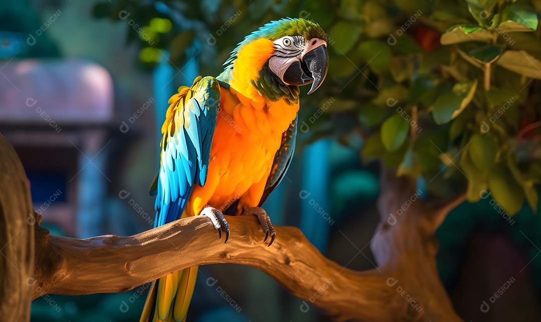 Linda arara azul e amarela na árvore