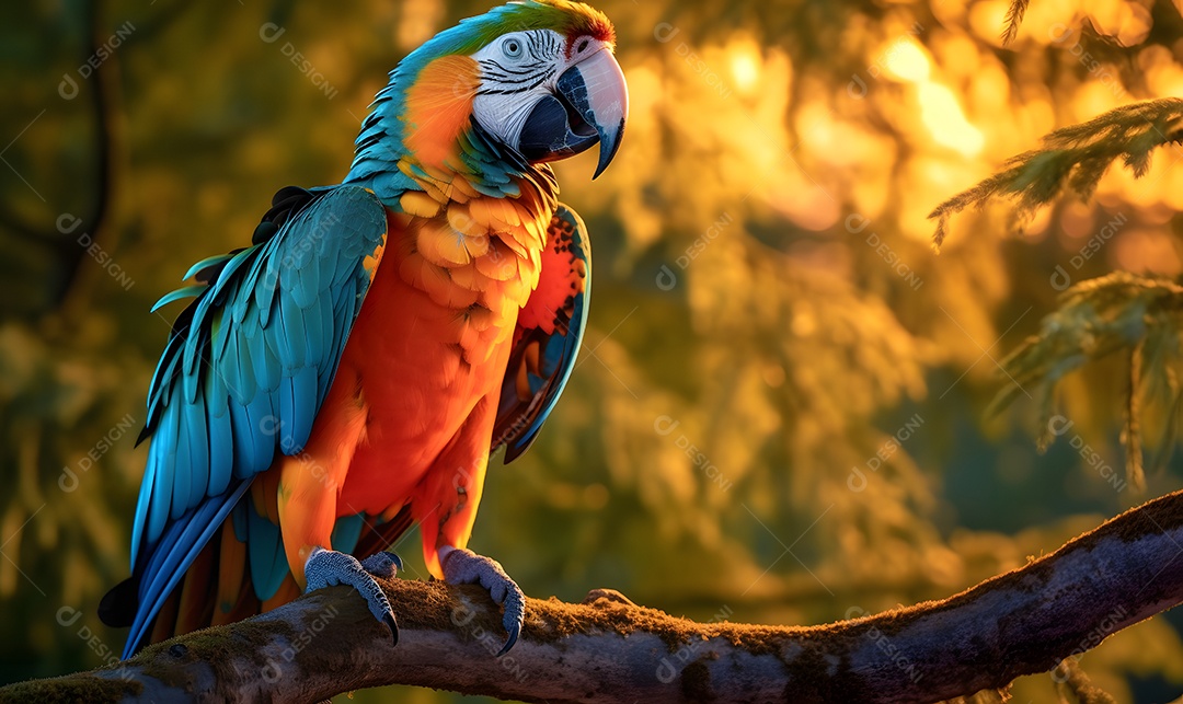 Linda arara azul e amarela na árvore