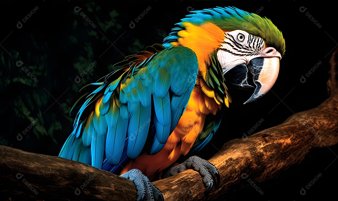 Linda arara azul e amarela na árvore