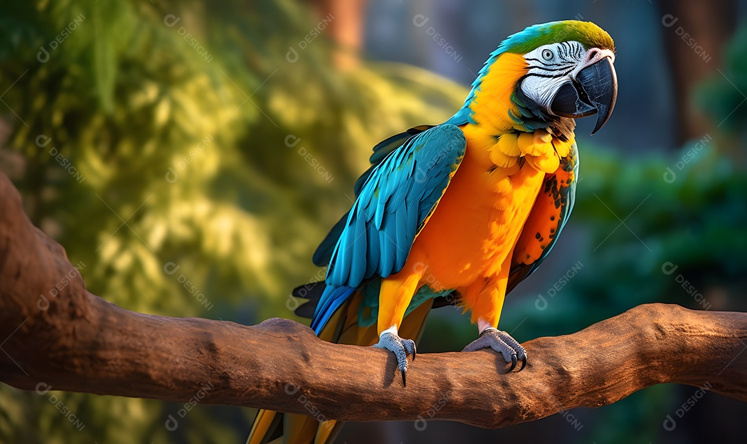 Linda arara azul e amarela na árvore