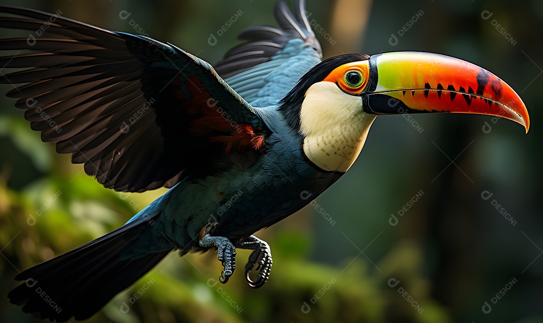 Lindo tucano voando floresta