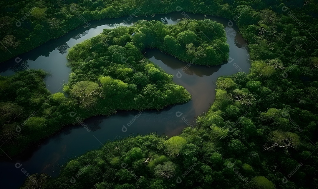 Vista aérea do rio passando sobre a mata