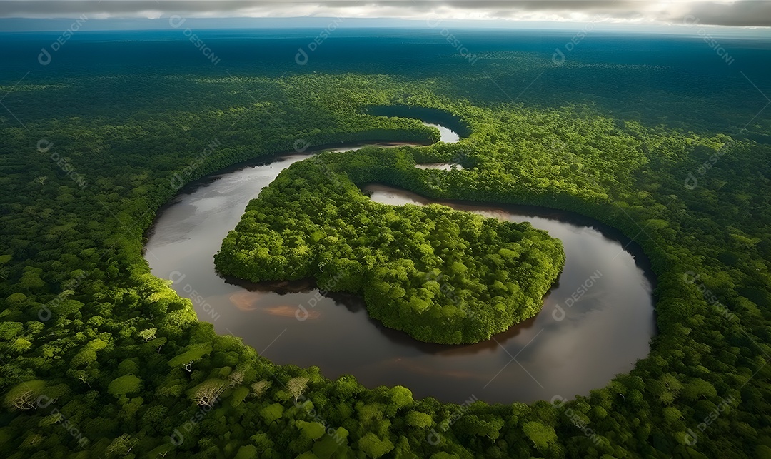 Vista aérea do rio passando sobre a mata