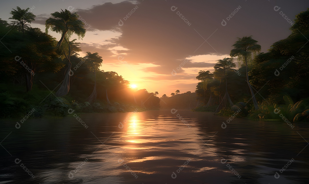 Vista de um lindo rio ao pôr do sol