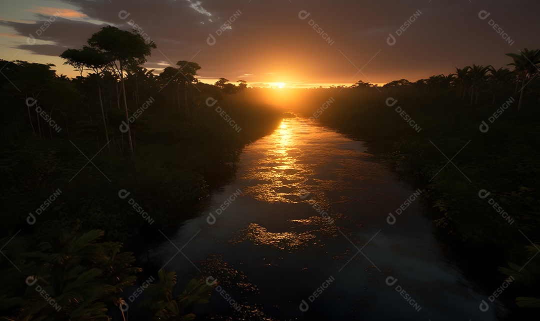 Vista de um lindo rio ao pôr do sol
