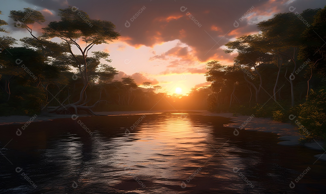 Vista de um lindo rio ao pôr do sol