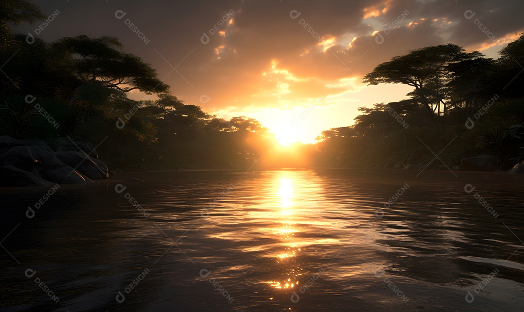 Vista de um lindo rio ao pôr do sol