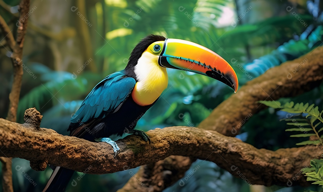 Lindo tucano pousado sobre a árvore