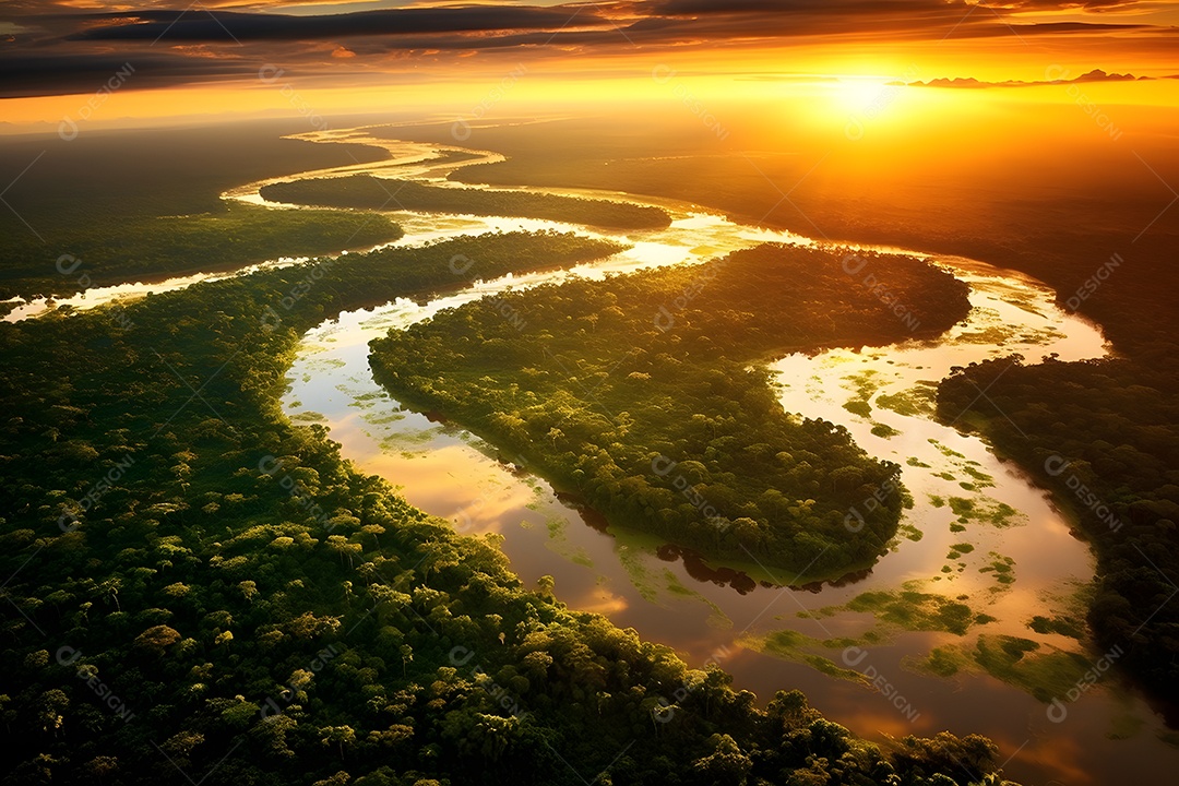 Vista lindo rio ao pôr do sol