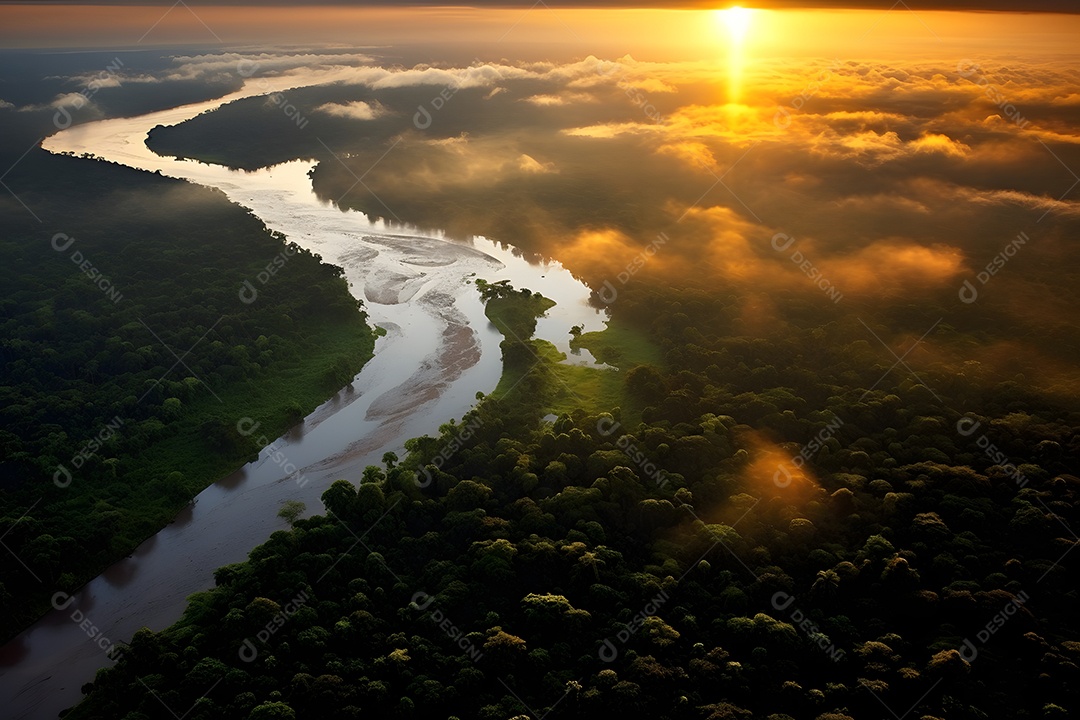 Vista lindo rio ao pôr do sol