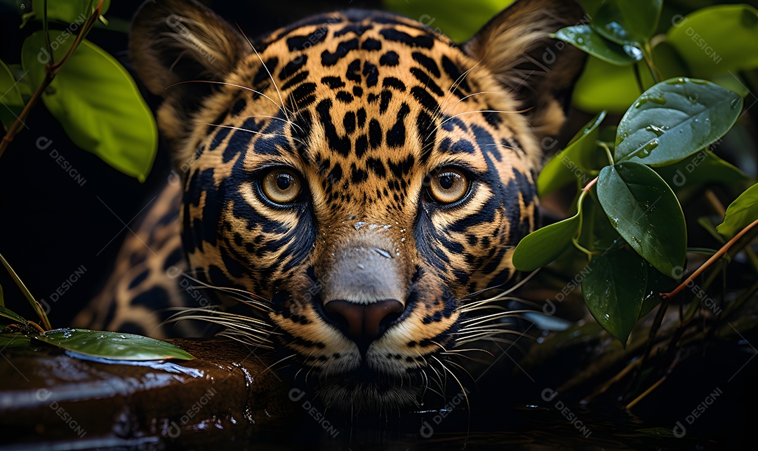 Detalhes de uma onça pintada na floresta
