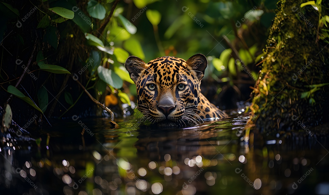Detalhes de uma onça pintada na floresta
