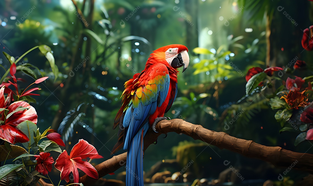 Linda arara vermelha pousada no tronco da árvore